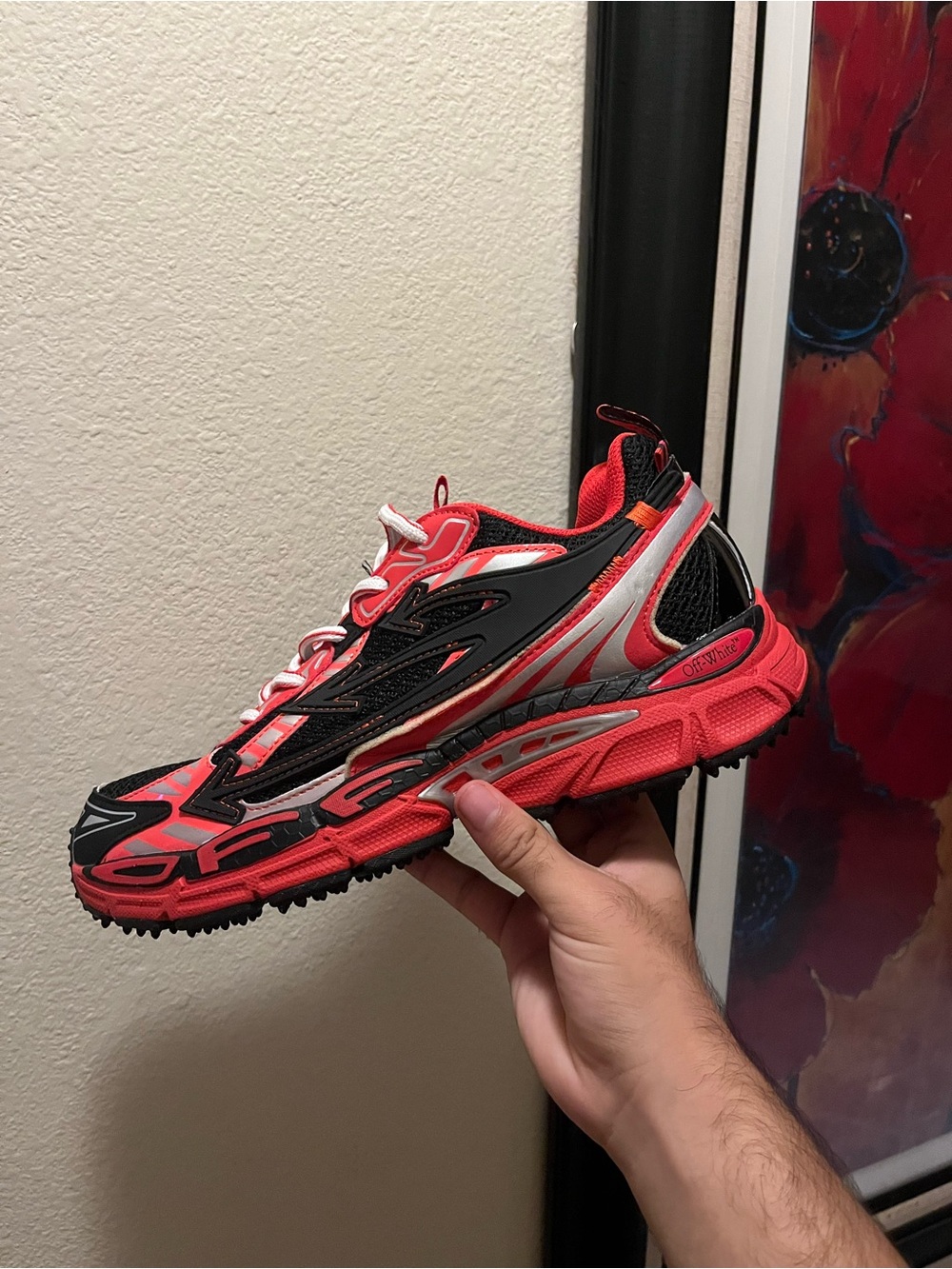 Off-White Men's be right back Trail Sneaker in Red, Black & Silver